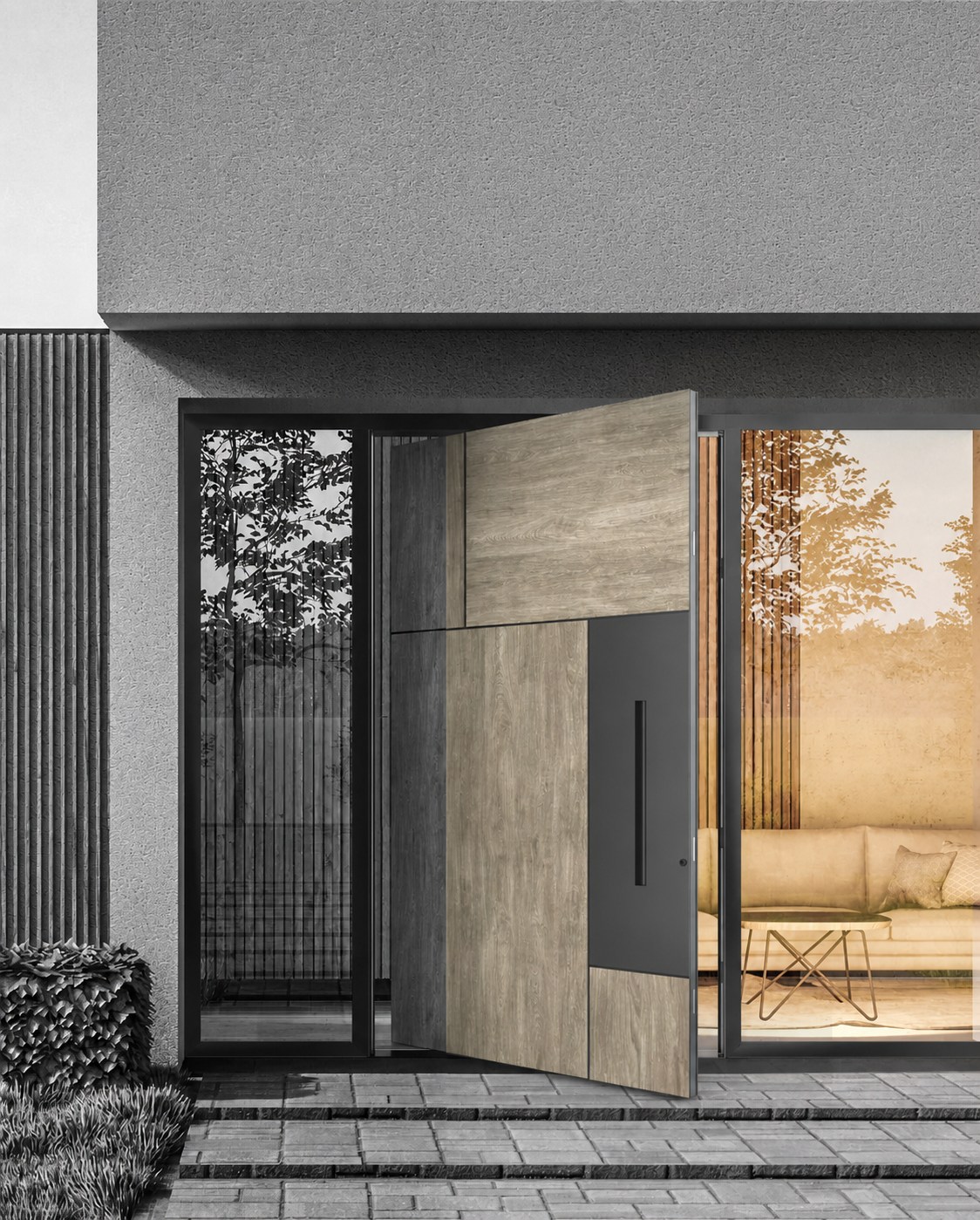 Produktvisualisierung einer großformatigen Pivot-Haustür in moderner Architektur